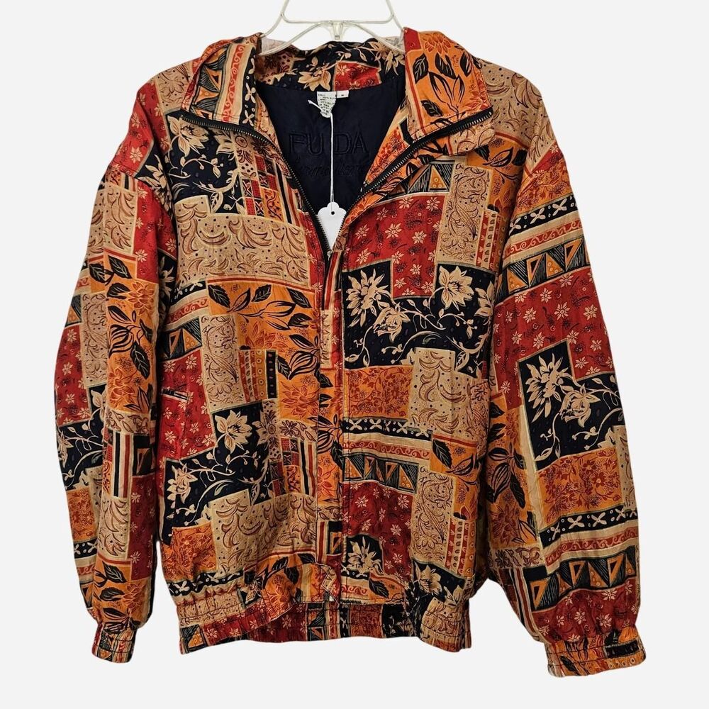 vintage fall whimsical leaf patchwork print silk jacket
